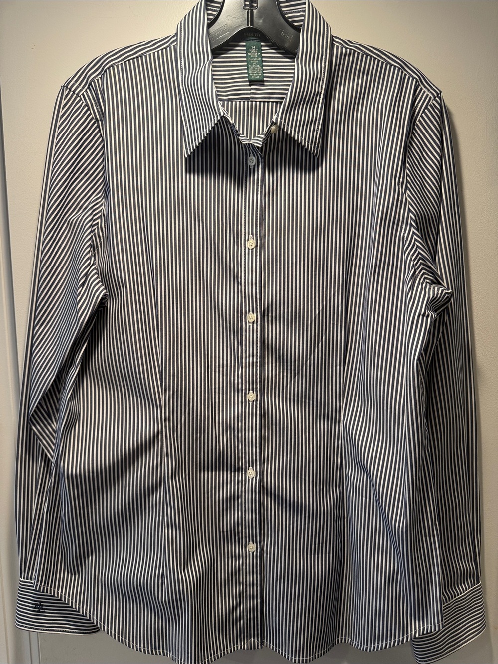 Lauren Ralph Lauren Navy Blue and White Vertical Stripe Button-Down Shirt